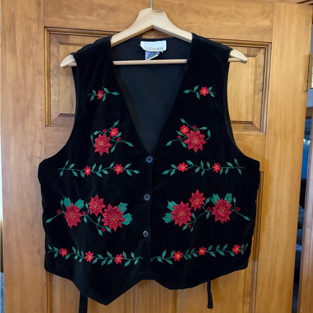 Vintage Casey & Max Black Holiday Vest with Red Poinsettia Floral Design
